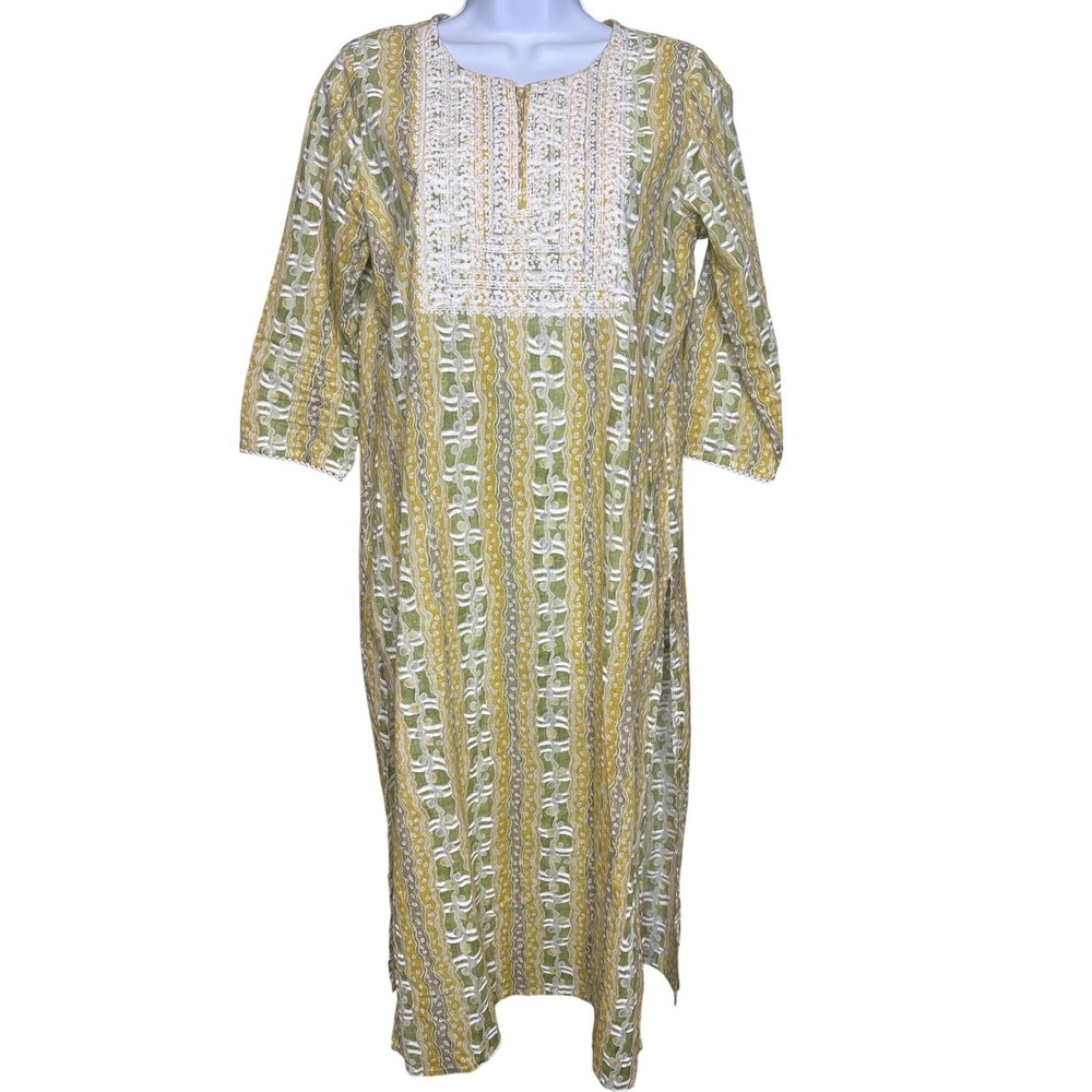 LIKA Womens Green Yellow Embroidered ‎ Kurta Tunic Dress Sz M Boho Festive Party